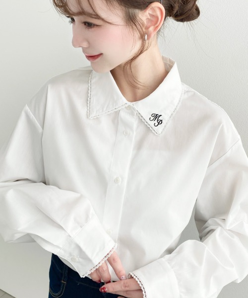 moment+ ブラウス シャツ 衿ワンポイント刺繍ピコレース長袖ブラウス