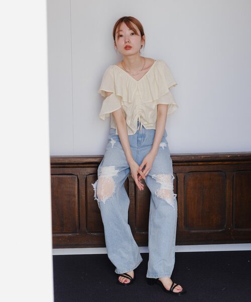[Kastane] повреждение обработка Denim брюки 0 голубой женский 