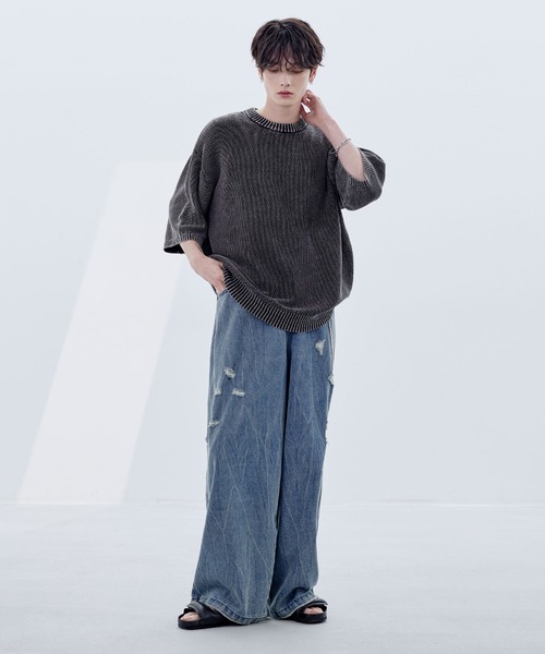 「ASTRONOMY」 半袖ニット S グレー メンズ_画像6