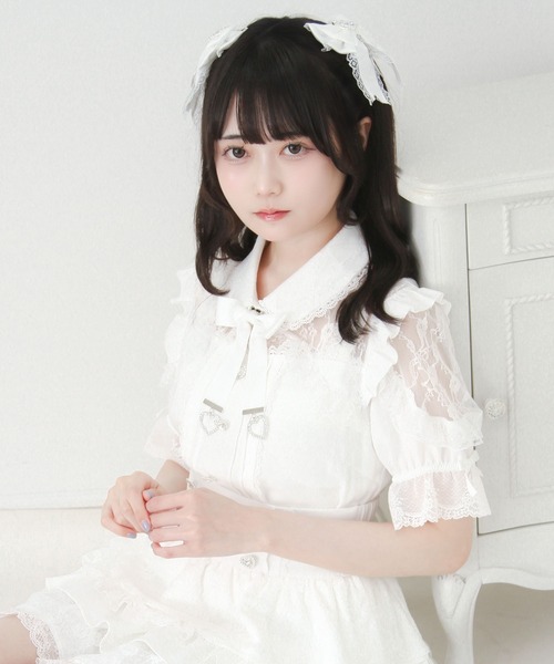 DearMyLove ブラウス シャツ 夏 半袖 レースフリルハートビジュー