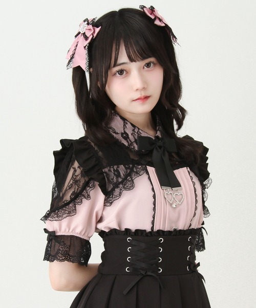 「み」レース襟 ハートビジュー 半袖ブラウス DearMyLove ブラウス シャツ 夏 半袖 レースフリルハートビジュー