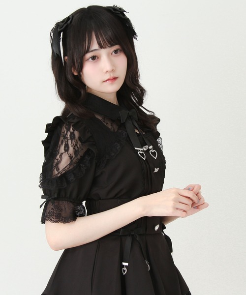 DearMyLove ブラウス シャツ 夏 半袖 レースフリルハートビジュー