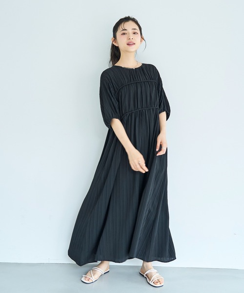 ミルフルール　半袖ワンピース mil（ミル） ワンピース 夏 半袖 ダブル切替え シャーリング