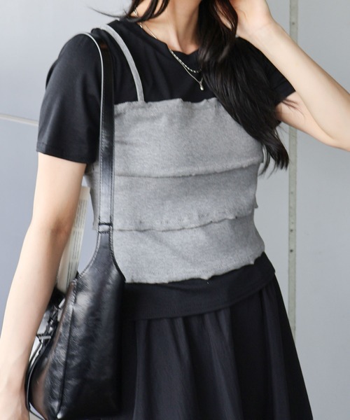 レイヤードキャミカットソー （GRY） SpRay（スプレイ） tシャツ 半袖 フェイクレイヤードキャミソールT