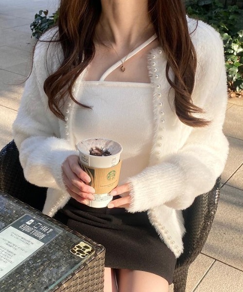 LACーVERT カーディガン パールパイピング シャギーファーカーディガン