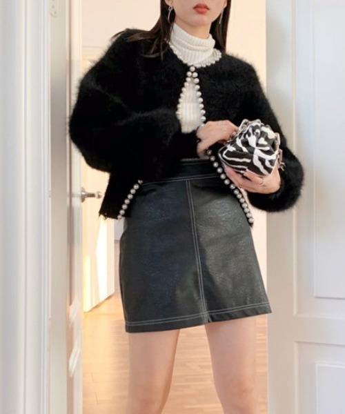 LACーVERT カーディガン パールパイピング シャギーファーカーディガン