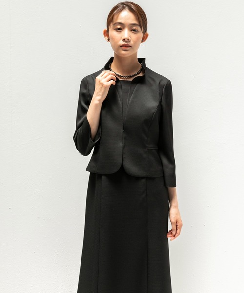 セレモニースーツ セットアップ 卒業式 「喪服」スタンドカラージャケット＆セミフレアワンピース　ブラックフォーマルスーツ レディースの画像