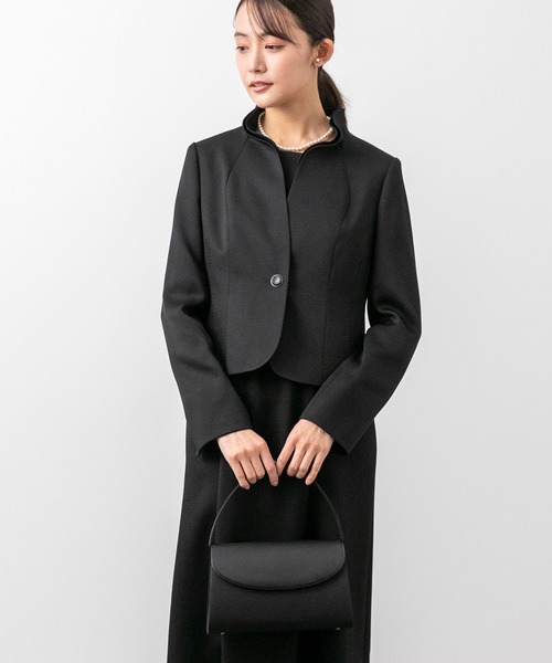 セレモニースーツ セットアップ 卒業式 「喪服」スタンドカラージャケット＆セミフレアワンピース　ブラックフォーマルスーツ レディースの画像