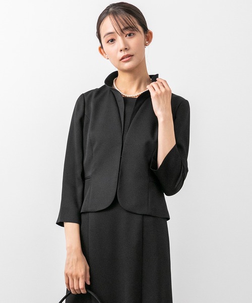 セレモニースーツ セットアップ 卒業式 「喪服」スタンドカラージャケット＆セミフレアワンピース　ブラックフォーマルスーツ レディースの画像