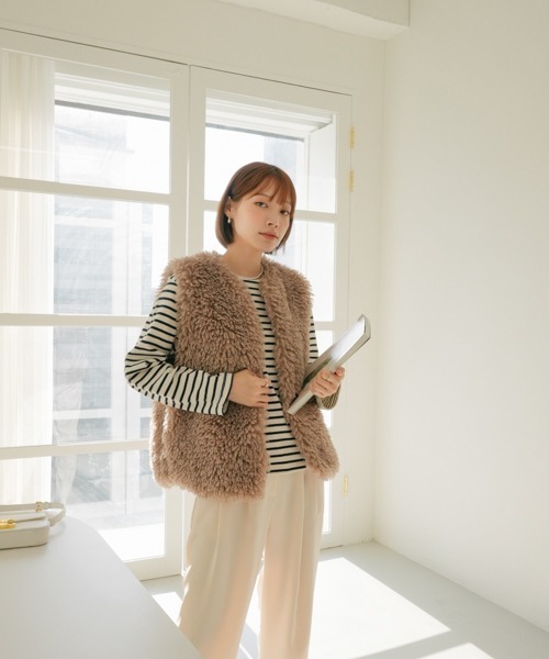 ベスト ジレ シープ風 ポケット付き ファーベスト レディース