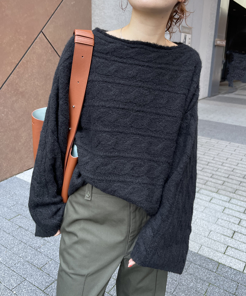 Spick&Span◆23AW/ケーブルボートネックルーズニットセーター/ウール/BLK/23080200542040 Spick＆Span ニット ケーブルボートネック ルーズニット