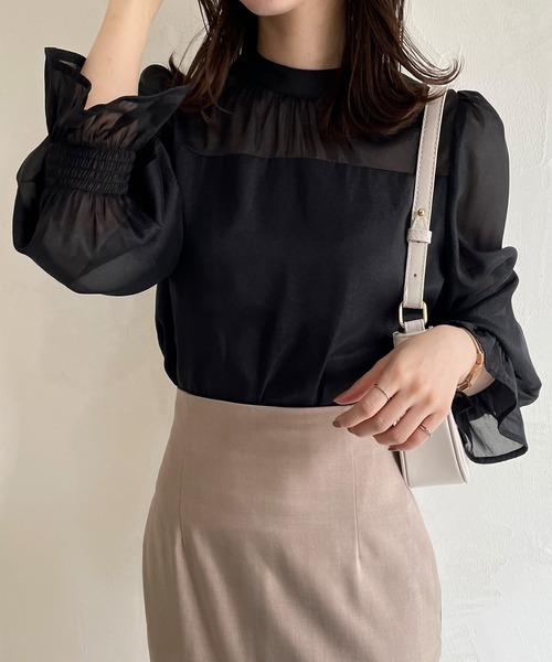 JUNOAH（ジュノア） ブラウス シャツ シアーキャンディースリーブ