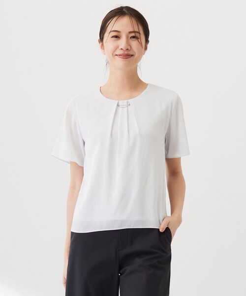 J.PRESS LADIES シアーストライプ カットソー ブラウス 洗える】シアーストライプ＆チェック ブラウスライク カットソー