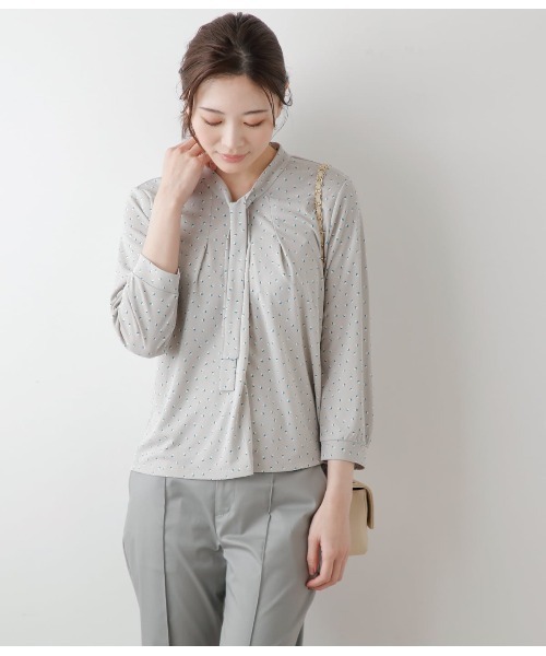 tシャツ 強撚スムース スクエアドットプリント 7分袖ボウタイプルオーバー レディース