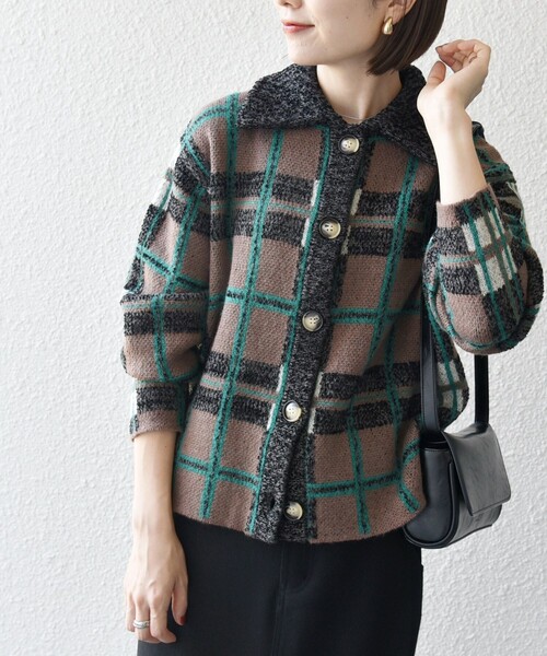 未使用★慈雨　センソユニコ　ウールチェック柄　ニット　カーディガン　定価3.9万 SHIPS any カーディガン any:「手洗い可能」チェック ジャカード 襟