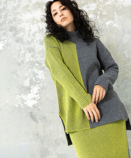 OSMOSIS（オズモーシス） ニット セーター 畦ストライプタートルニット