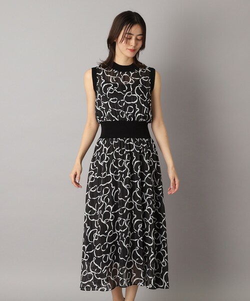 美品　ドレステリア ワンピース シアーリボンテーププリントドレス 38 DRESSTERIOR（ドレステリア） ワンピース シアーリボンテーププリント