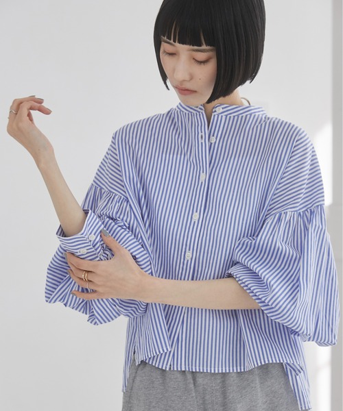 ANGIE ブラウス シャツ ボリュームスリーブ バンドカラー ブラウス