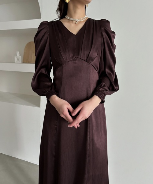 ドレス サテンVネックタックフレアドレス 結婚式 二次会 成人式 同窓会