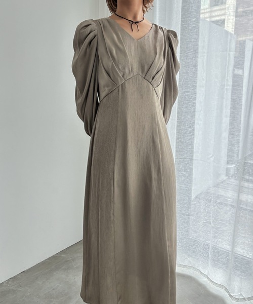 ドレス サテンVネックタックフレアドレス 結婚式 二次会 成人式 同窓会