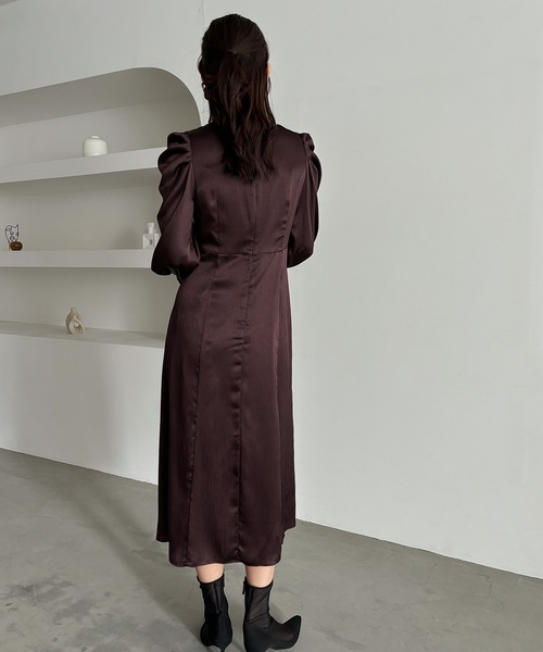 ドレス サテンVネックタックフレアドレス 結婚式 二次会 成人式 同窓会