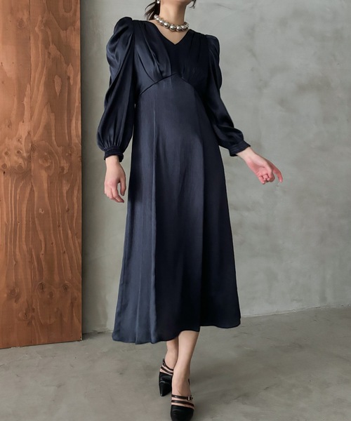 ドレス サテンVネックタックフレアドレス 結婚式 二次会 成人式 同窓会