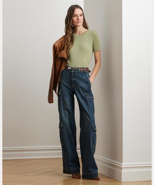 ニット セーター メタリック リブド ショートスリーブ セーター レディース LAUREN RALPH ニット セーター メタリック リブド ショート