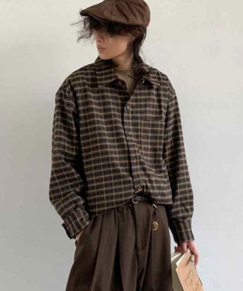 美品 グッドイナフ ヘリンボーン チェック 切替 オープンカラー シャツ L FreeZone シャツ ヘリンボーンチェック ワークシャツ メンズ