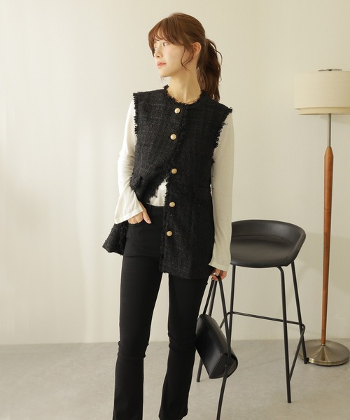 ベスト ジレ fringe sleeveless tweed vest /ゴールドボタン フリンジ