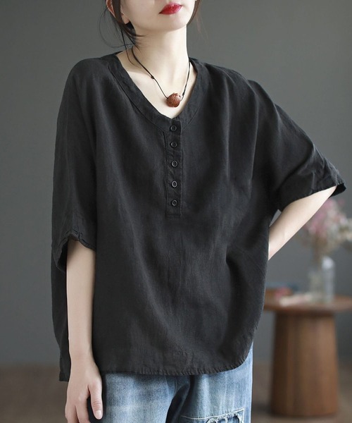 BLANC FICELLE ブラウス シャツ キーネック ヘンリープルオーバー