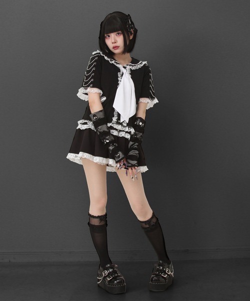 ♡ セーラーGirlカットソー クロ♡ DearMyLove tシャツ 半袖 闇セーラー襟十字架スカーフチェーン