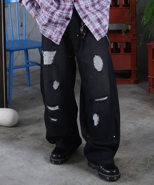 ジーンズ AW バレルレッグ ペインドデニムパンツ ダメージ ダブルニー
