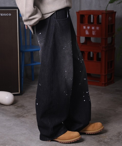 ワイドパンツ ジーンズ バレルレッグ ペインドデニムパンツ ダメージ