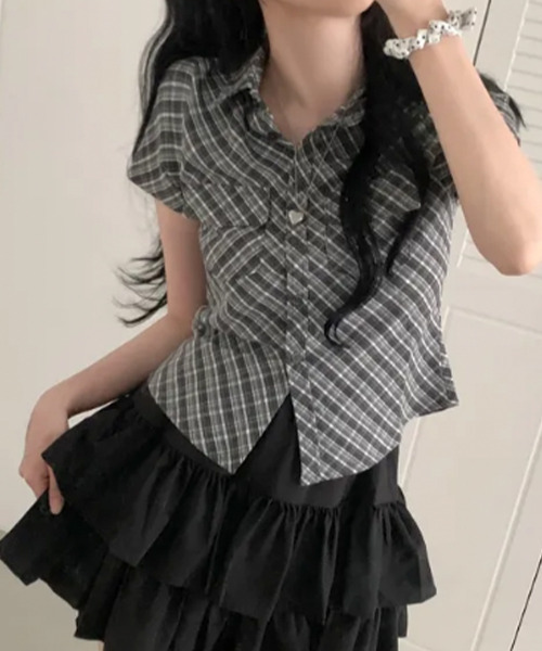 ブラウス シャツ 夏 半袖 チェック柄 ショート丈 半袖カラーシャツ