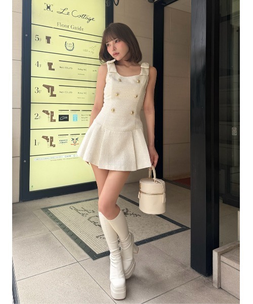Darich ダーリッチ ショルダーリボンツイードプリーツミニワンピース F Darich（ダーリッチ） ワンピース ショルダーリボンツイードプリーツ
