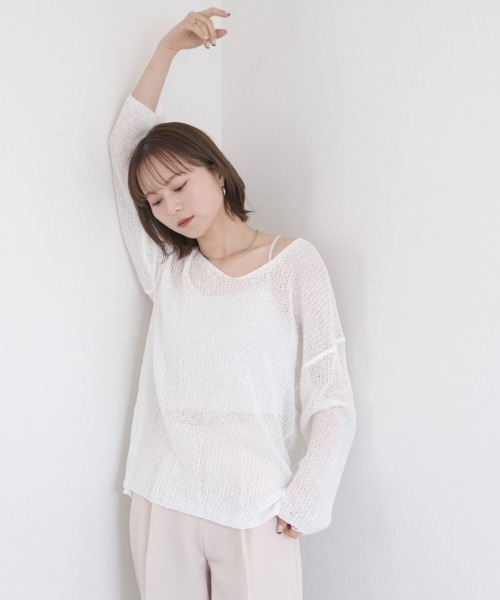 ニット レディース ルーズシアーニット / loose sheer knit かぎ編み オーバーサイズ ビッグサイズ ミドル丈 長袖 レイヤード ブラ｜zozo｜04