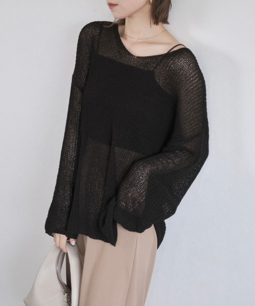 ニット レディース ルーズシアーニット / loose sheer knit かぎ編み オーバーサイズ ビッグサイズ ミドル丈 長袖 レイヤード ブラ｜zozo｜14