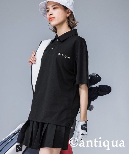 antiqua ブラウス シャツ 「STCH」吸汗速乾ロゴ入りポロシャツ