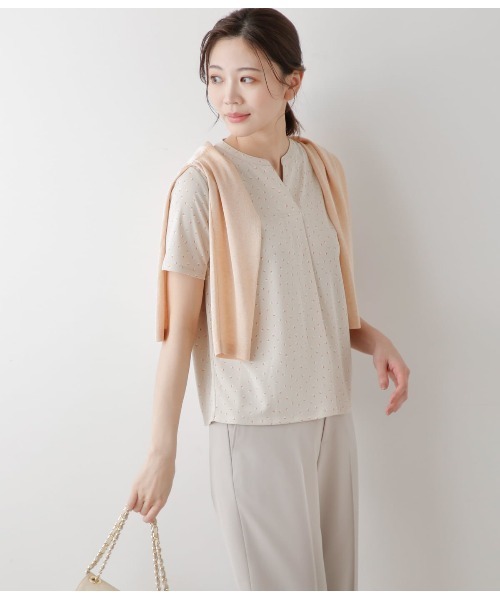 tシャツ 強撚スムース スクエアドットプリント 半袖スキッパープルオーバー レディース