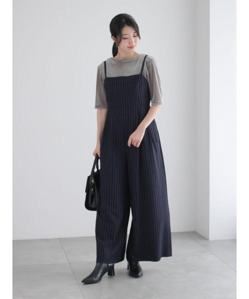 Te chichi パンツ ピンストライプバックオープンオールインワン
