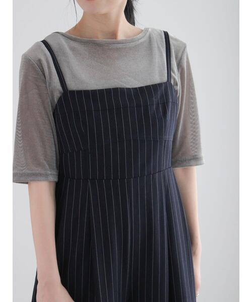 Te chichi パンツ ピンストライプバックオープンオールインワン