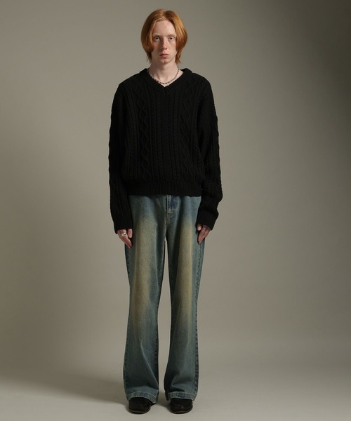 Vネック短丈ケーブルニット LURAKU ニット　メンズ　レディース LURAKU】V-neck Short Length Cable Knit / Vネック短丈ケーブルニット