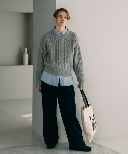 セーター ニット 「LURAKU」V-neck Short Length Cable Knit / Vネック