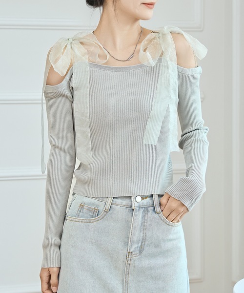 シフォンオフショルダートップス Lace Ladies tシャツ シフォン リボン オフショルダー リブ