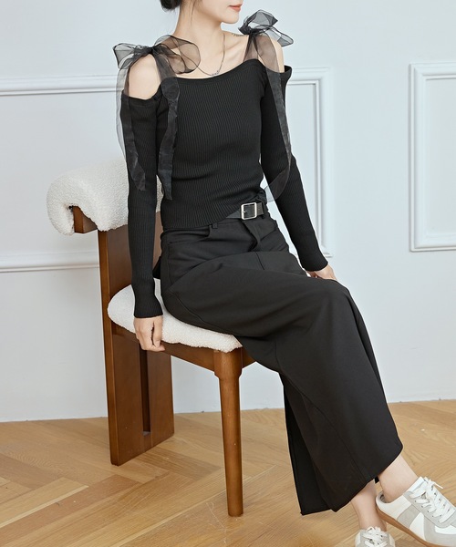 Lace Ladies tシャツ シフォン リボン オフショルダー リブ
