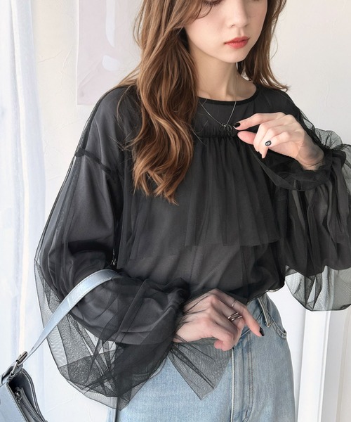 tシャツ 大人カジュアルからフェミニンスタイルまで大活躍。チュール重ねフリルプルオーバー（長袖） レディース | classicalelf