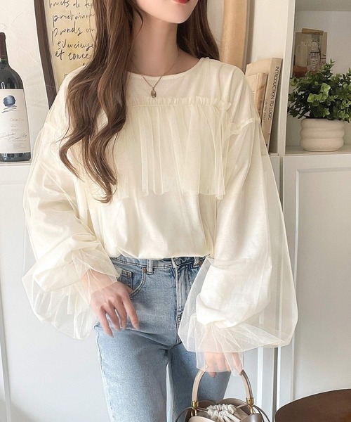 tシャツ 大人カジュアルからフェミニンスタイルまで大活躍。チュール重ねフリルプルオーバー（長袖） レディース | classicalelf | 15