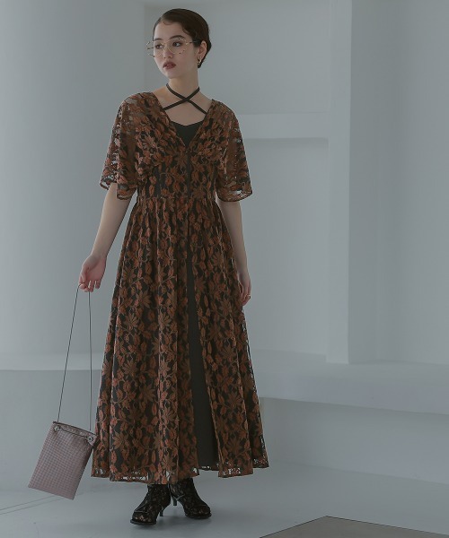 Callarus ドレス バックリボンデザインスリット起毛レースワンピース