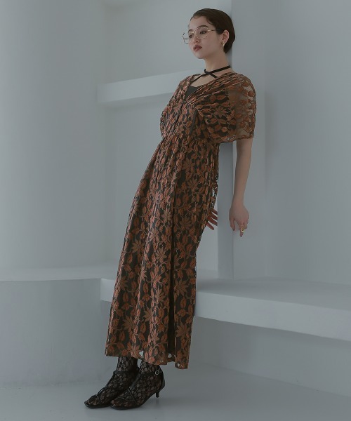 Callarus ドレス バックリボンデザインスリット起毛レースワンピース
