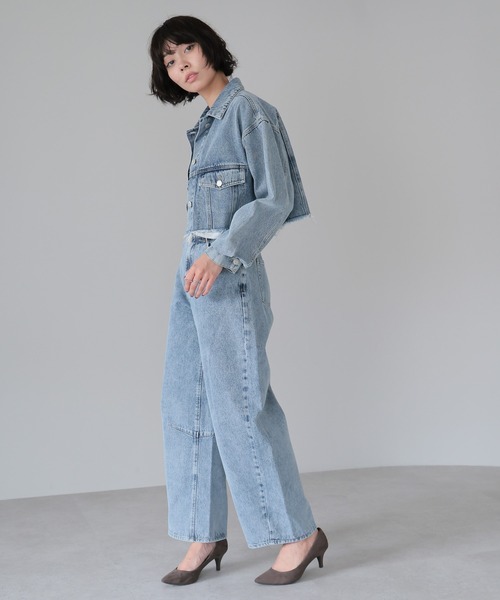 セットアップ ノースリーブ パンツ デニム コットン ブルー デニム ノースリーブトップス ワイドパンツ ライトブルー